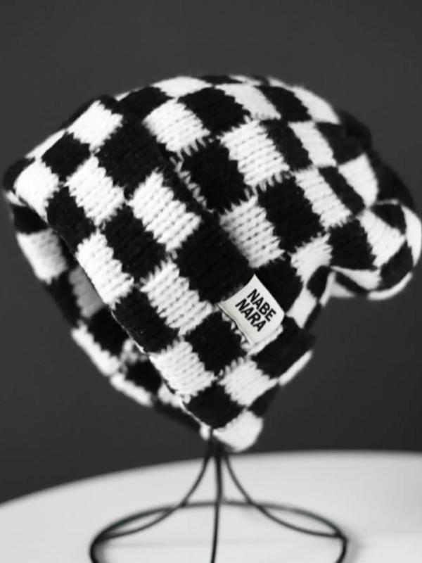 Checkerboard Knit Beanie – Trendy Cuffed Winter Hat, Casual Streetwear Accessory for Men & Women