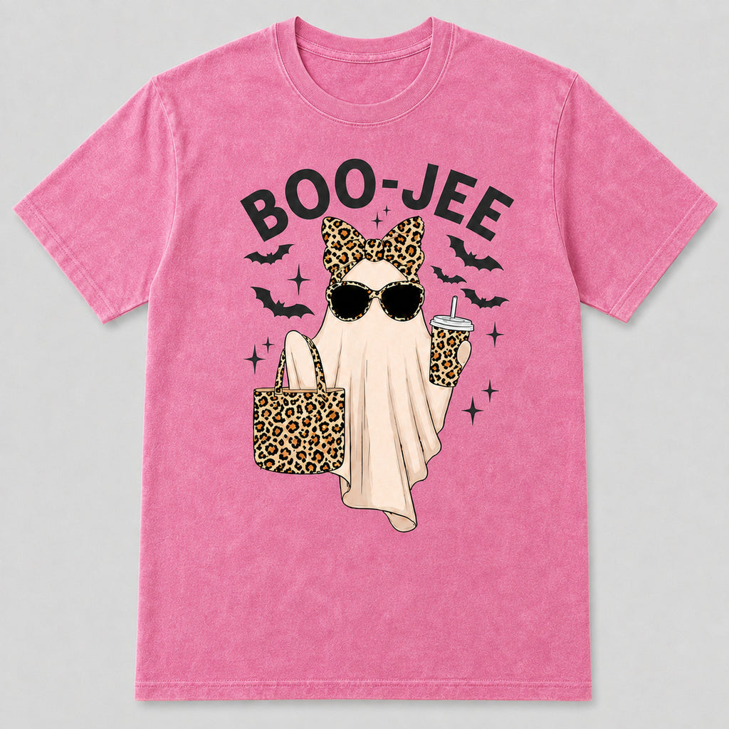 Boo-Jee Ghost Graphic T-Shirt, Sweatshirt & Hoodie – Leopard Print Halloween Ghost, Funny Coffee Spooky Season Apparel