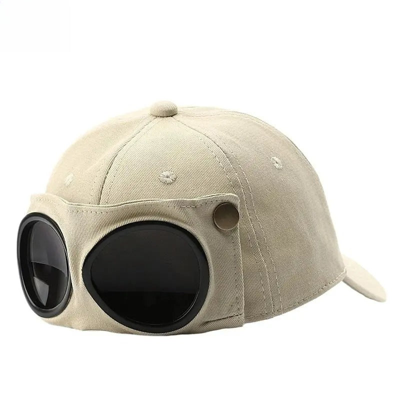 Men's Pilot Goggle Baseball Cap – Korean Streetwear Aviator Hat with Retro Glasses Detail, Casual Outdoor Snapback Cap
