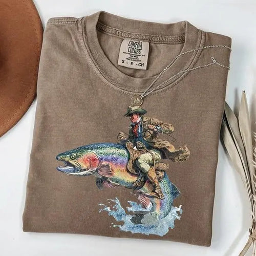 Comfort Colors Vintage Cowboy Riding Trout T-shirt Western Fishing Retro Tshirt Gift For Him