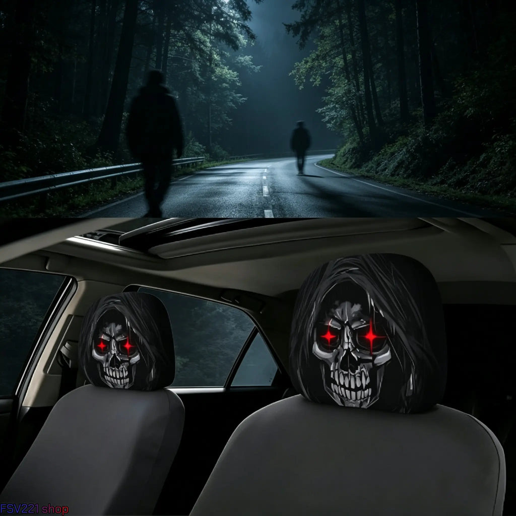 2-Pack Halloween Grim Reaper Car Headrest Covers – Red-Eyed Skull Print Auto Interior Decoration, Spooky Hooded Seat Accessories for Cars