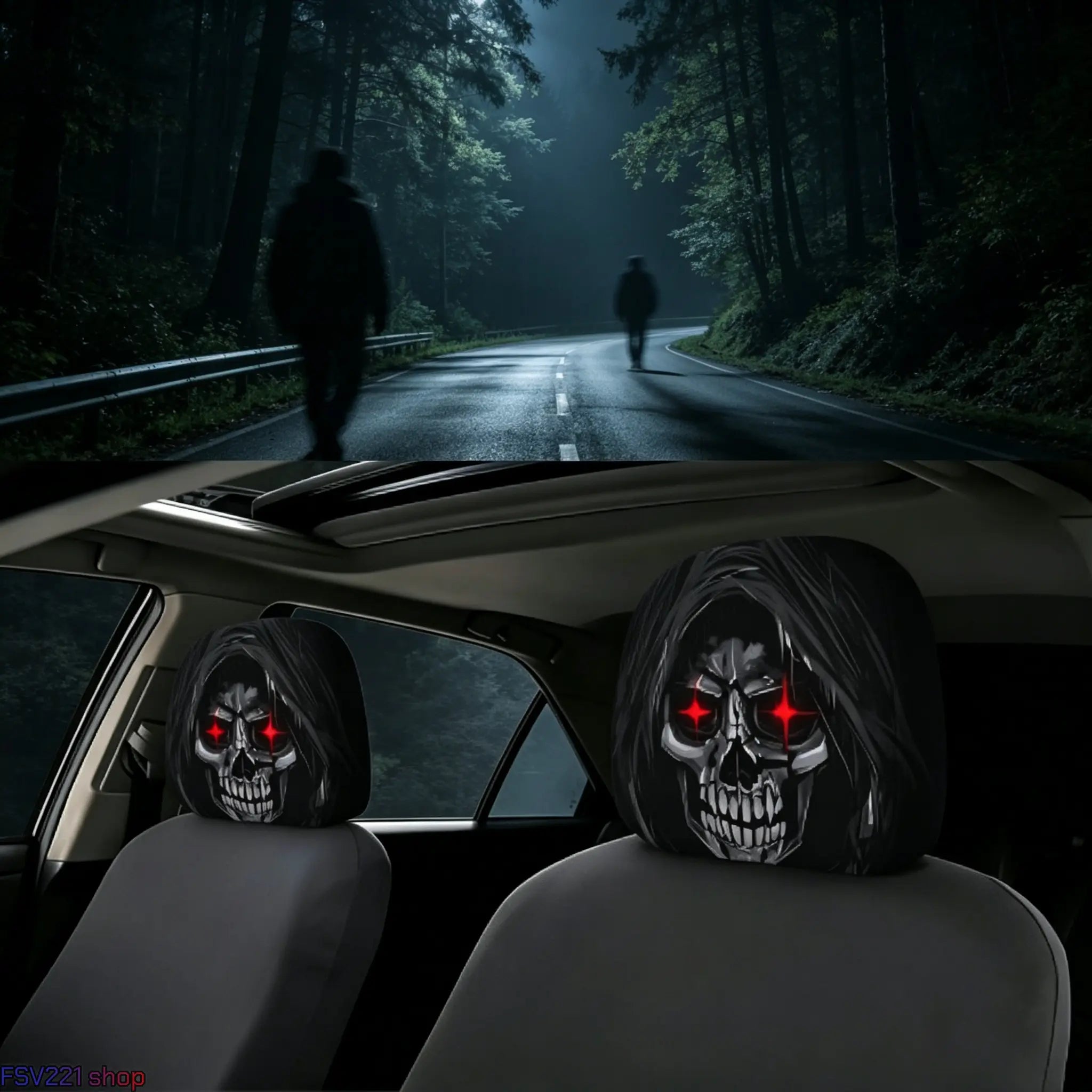 2-Pack Halloween Grim Reaper Car Headrest Covers – Red-Eyed Skull Print Auto Interior Decoration, Spooky Hooded Seat Accessories for Cars