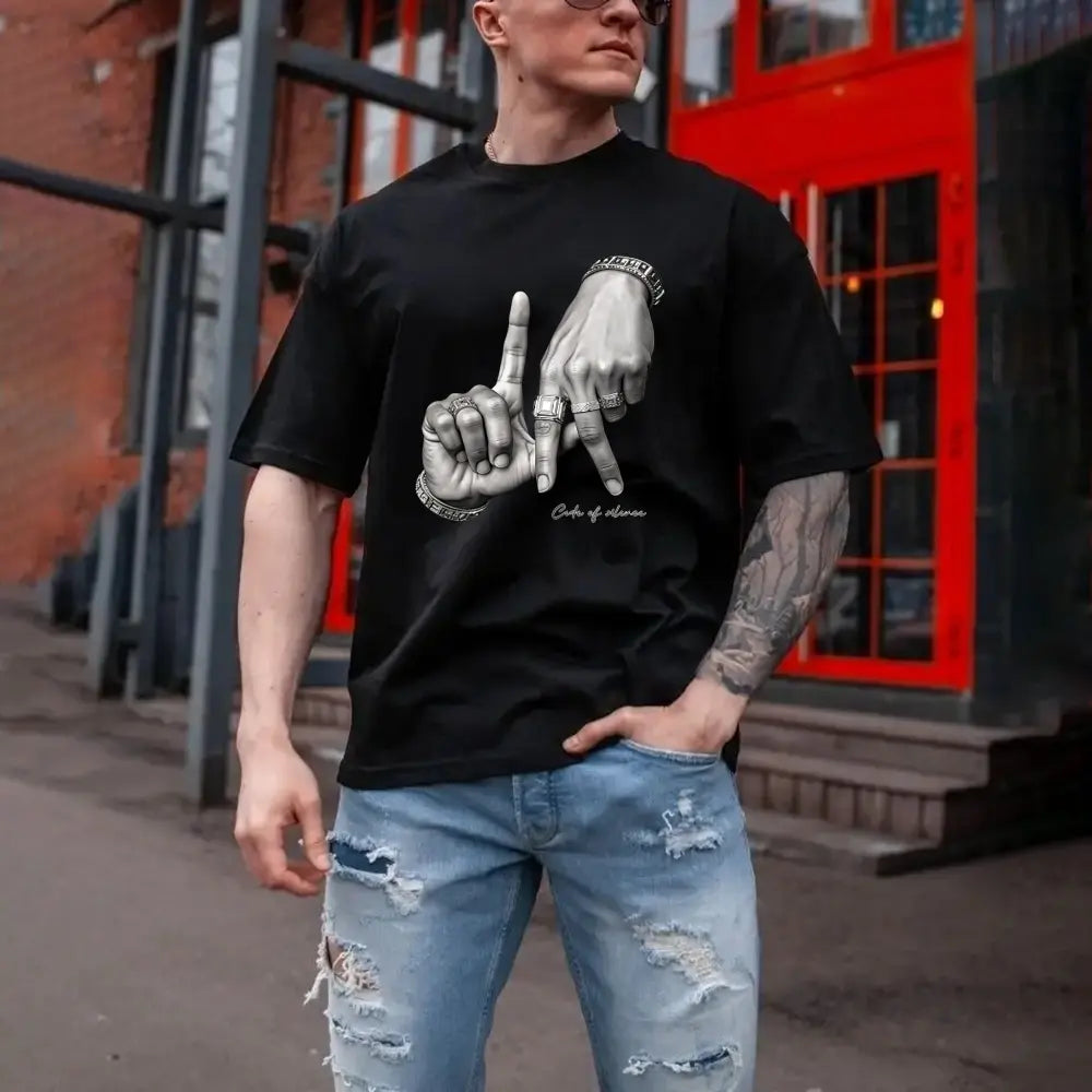 Hand Gesture Graphic T-Shirt, Sweatshirt & Hoodie – Y2K Urban Streetwear Ring Hand Graphic Casual Tee