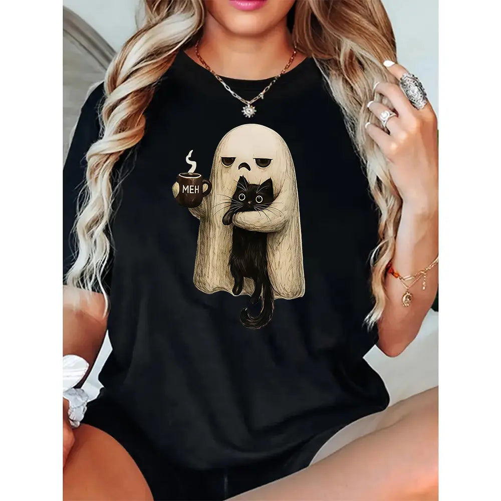 Meh Ghost & Black Cat T-Shirt, Sweatshirt & Hoodie – Funny Halloween Coffee Graphic, Spooky Cat Lover Design, Sarcastic Cute Halloween Gift
