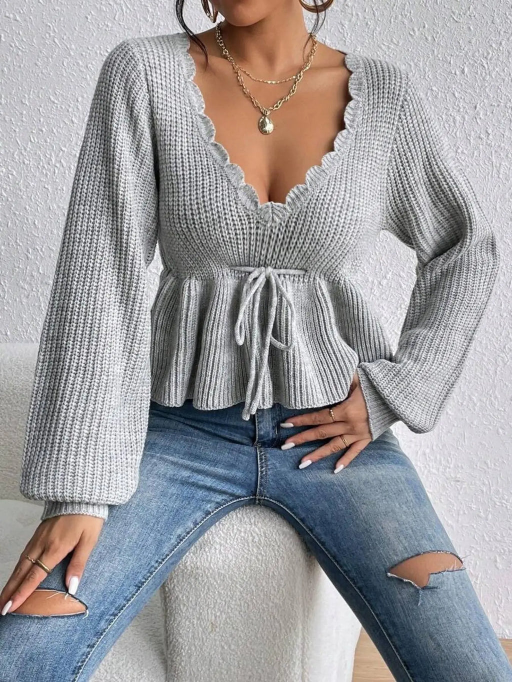 Women’s Deep V-Neck Peplum Knit Sweater – Scallop Trim Tie-Front Top with Bishop Sleeves, Feminine Fall Knitwear