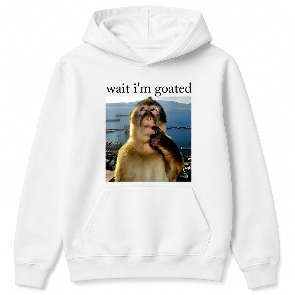 Wait I’m Goated Graphic T-Shirt, Sweatshirt & Hoodie – Funny Thinking Monkey Meme Print, Viral Brainrot Humor Apparel