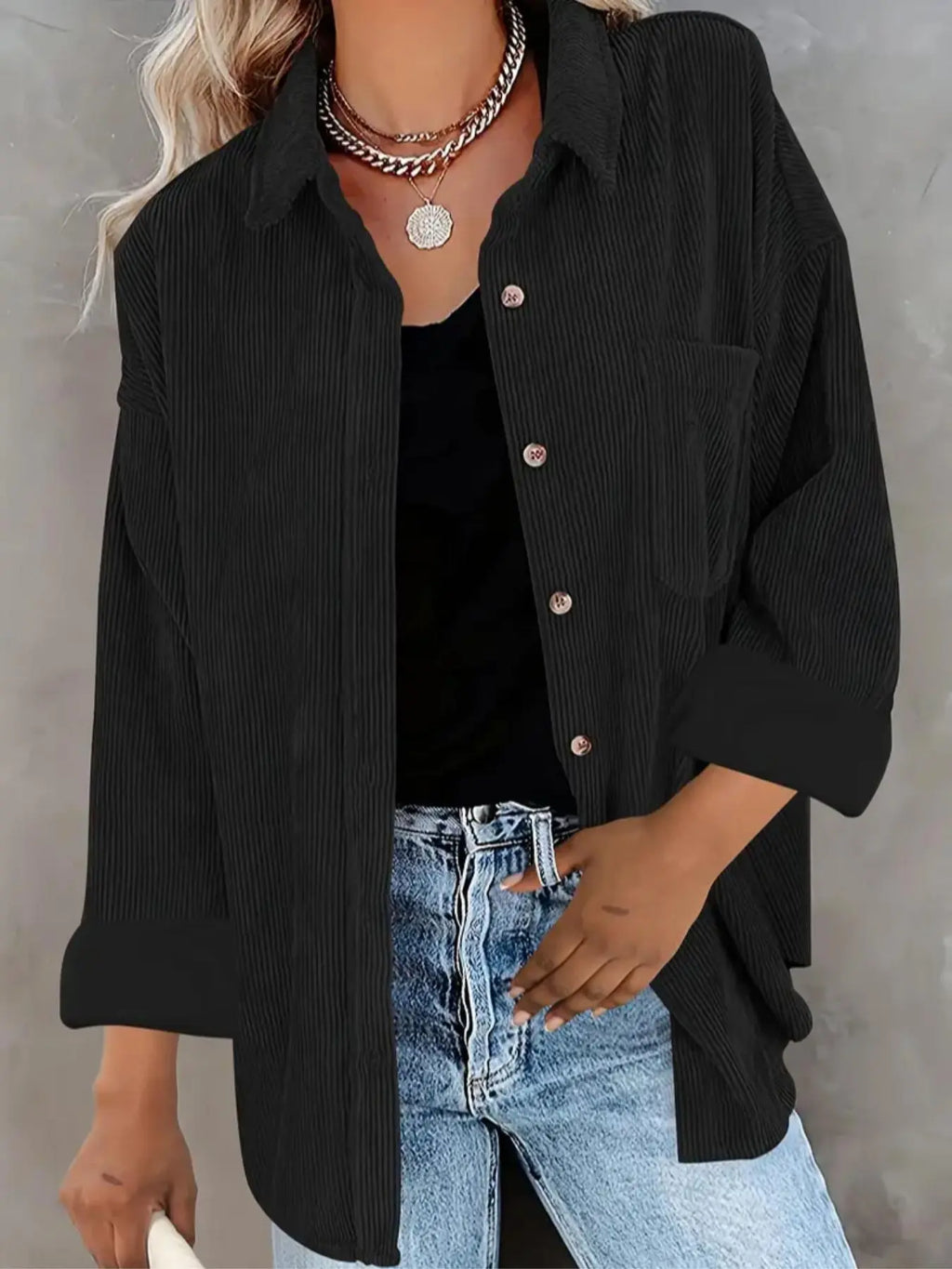 Women’s Oversized Corduroy Button-Down Shirt – Casual Long Sleeve Pocket Shacket with Drop Shoulder