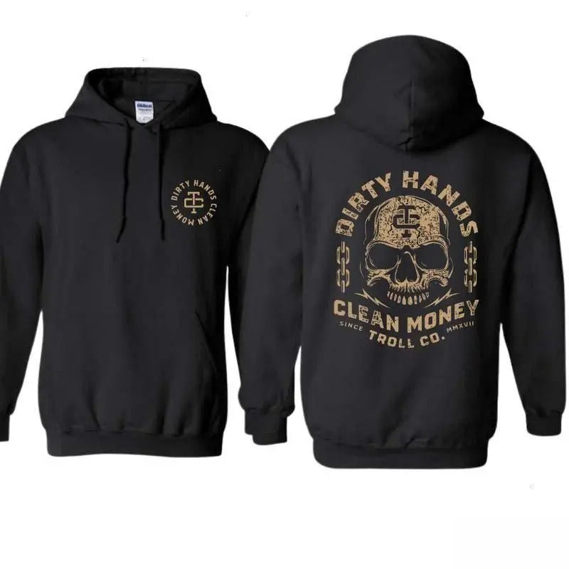 Dirty Hands Clean Money Skull Graphic T-Shirt, Sweatshirt & Hoodie – Blue Collar Hard Work Double-Sided Print Apparel