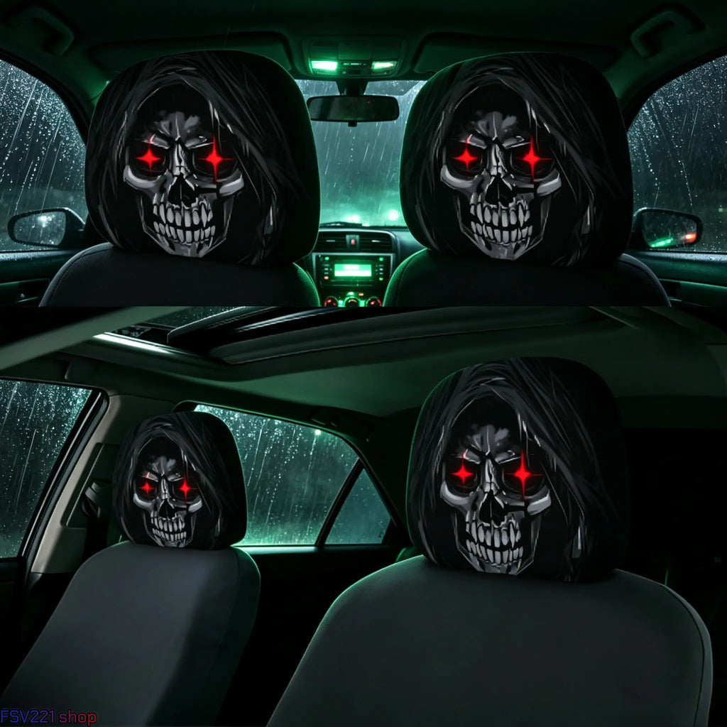 2-Pack Halloween Grim Reaper Car Headrest Covers – Red-Eyed Skull Print Auto Interior Decoration, Spooky Hooded Seat Accessories for Cars
