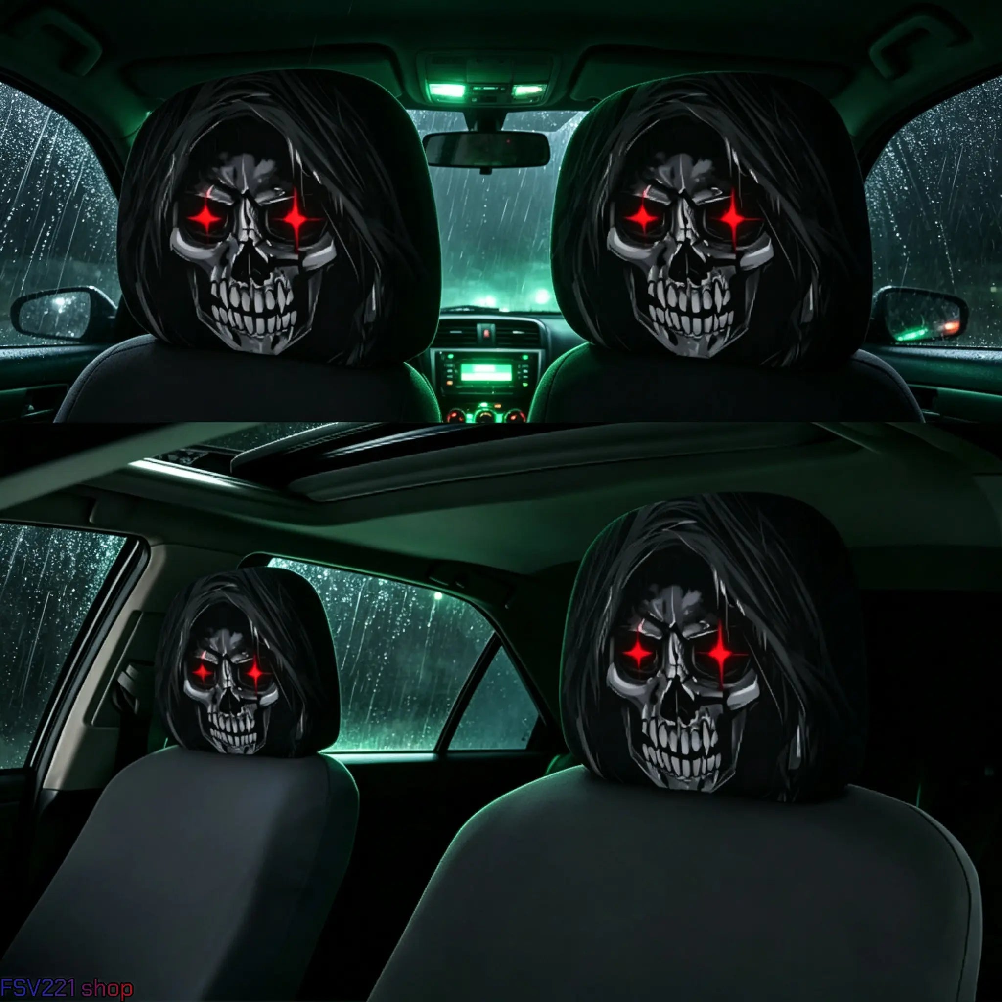 2-Pack Halloween Grim Reaper Car Headrest Covers – Red-Eyed Skull Print Auto Interior Decoration, Spooky Hooded Seat Accessories for Cars