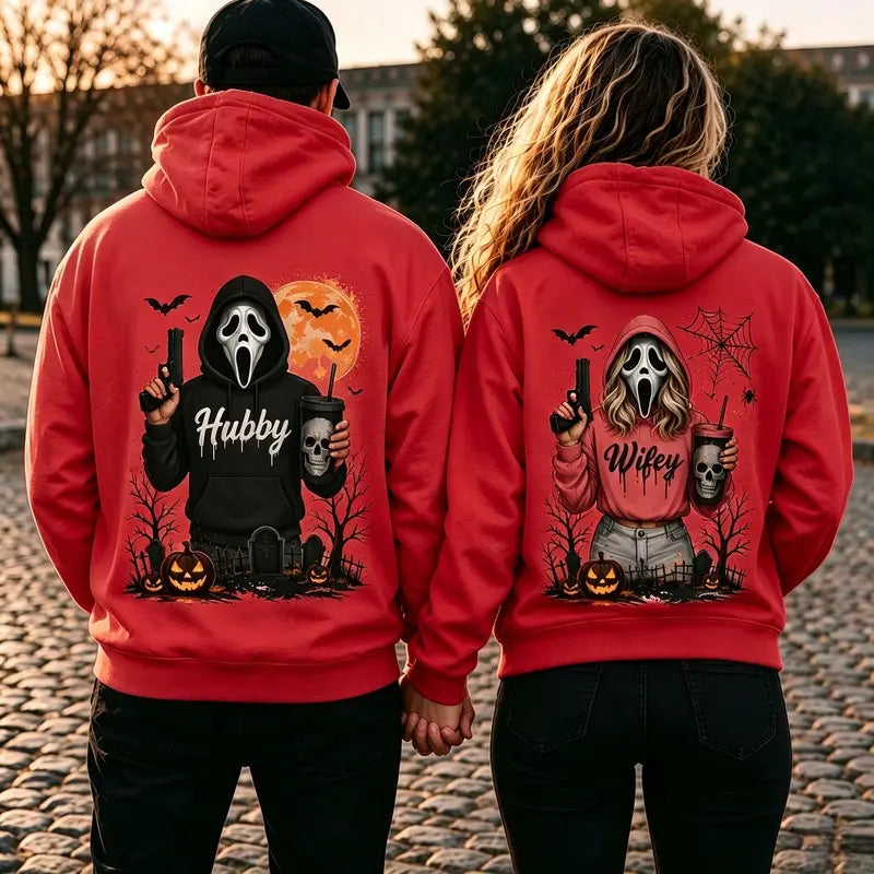 Hubby Wifey Halloween Couple Matching T-Shirt, Sweatshirt & Hoodie – Spooky Horror Matching Graphic Apparel