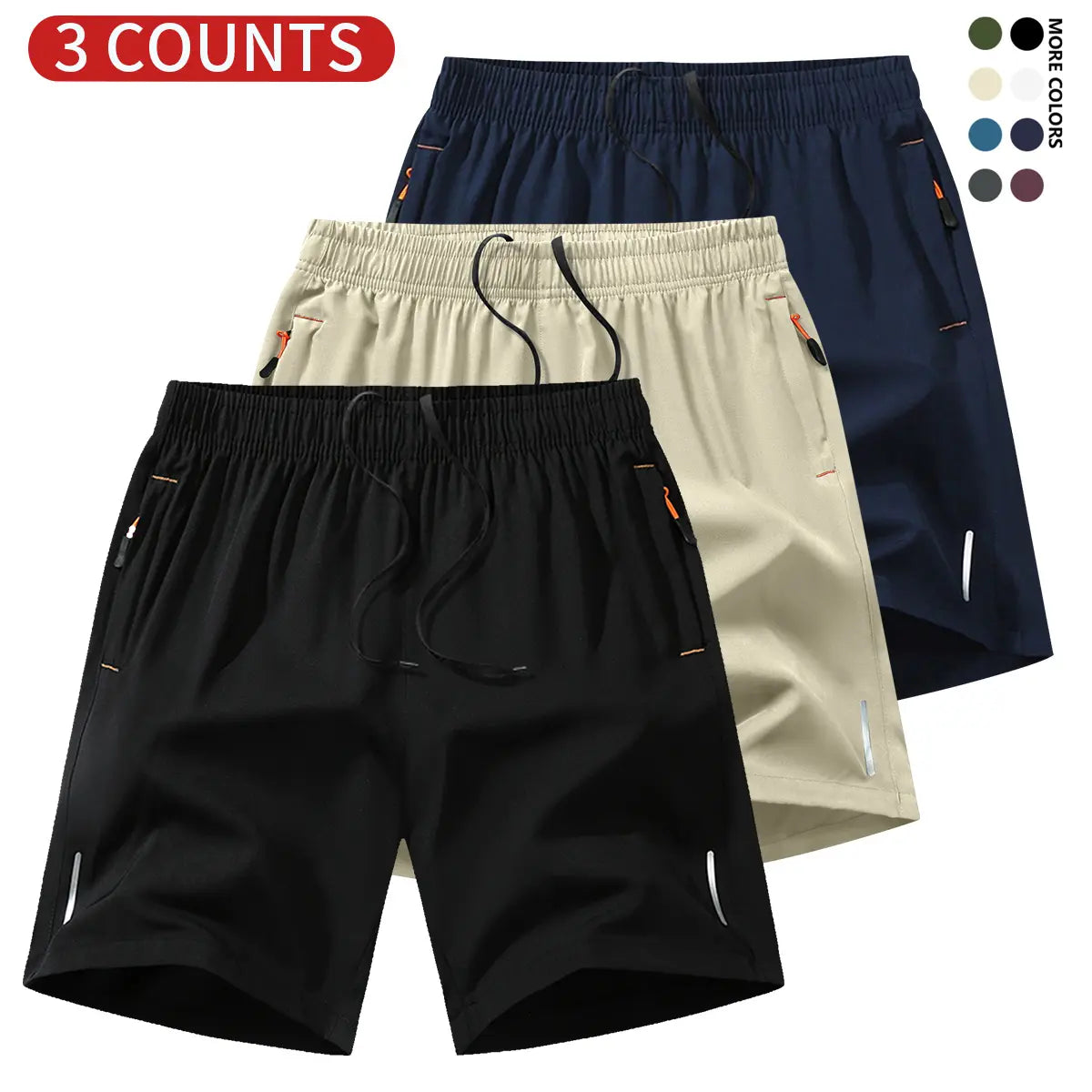 3-Pack Men's Athletic Shorts – Lightweight Breathable Running Shorts with Zipper Pockets, Drawstring Waist for Gym & Casual Wear
