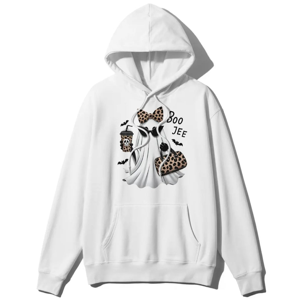 Boo-Jee Ghost Graphic T-Shirt, Sweatshirt & Hoodie – Leopard Print Halloween Ghost Design, Funny Fall Streetwear Apparel