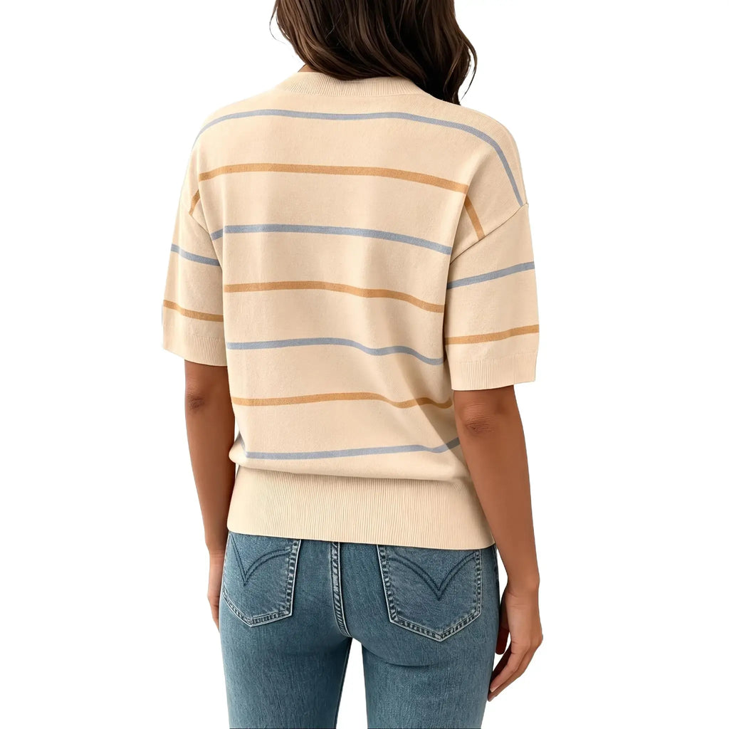 Women's Striped Knit Short Sleeve Sweater – Casual Loose Fit Crew Neck Pullover Top, Lightweight Everyday Wear