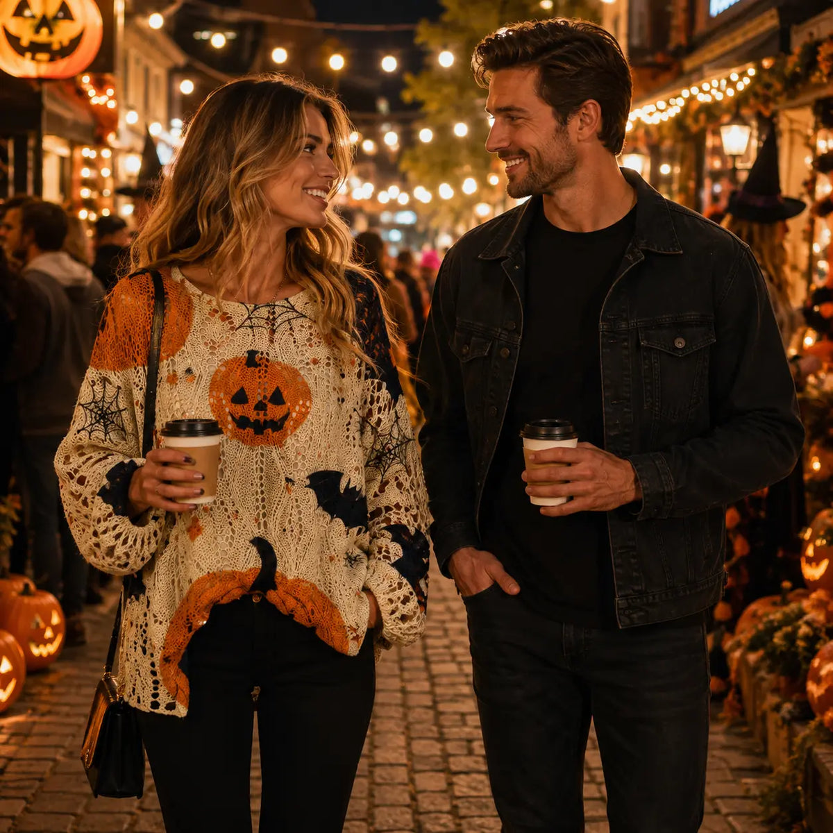 Halloween Pumpkin Bat Open Knit Sweater – Oversized Crochet Pullover with Spider Web Details, Spooky Fall Casual Knit Top