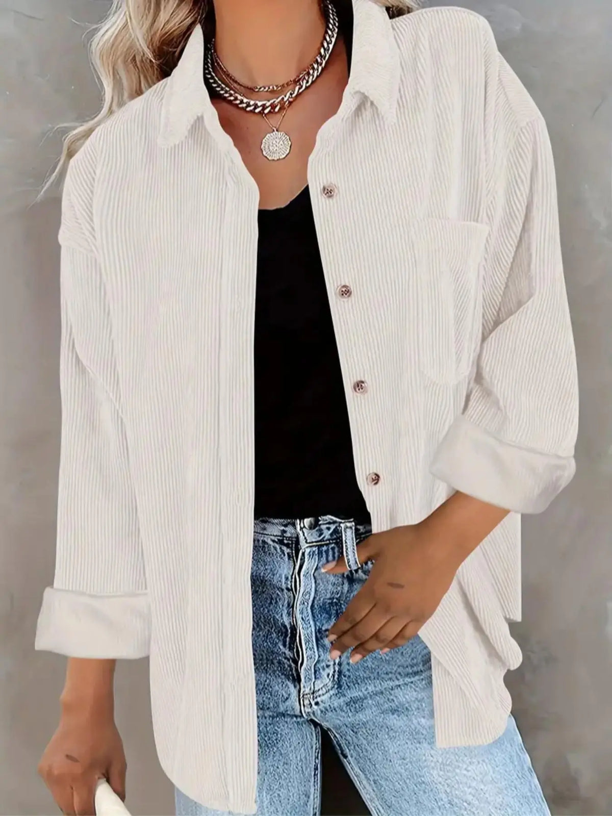 Women’s Oversized Corduroy Button-Down Shirt – Casual Long Sleeve Pocket Shacket with Drop Shoulder