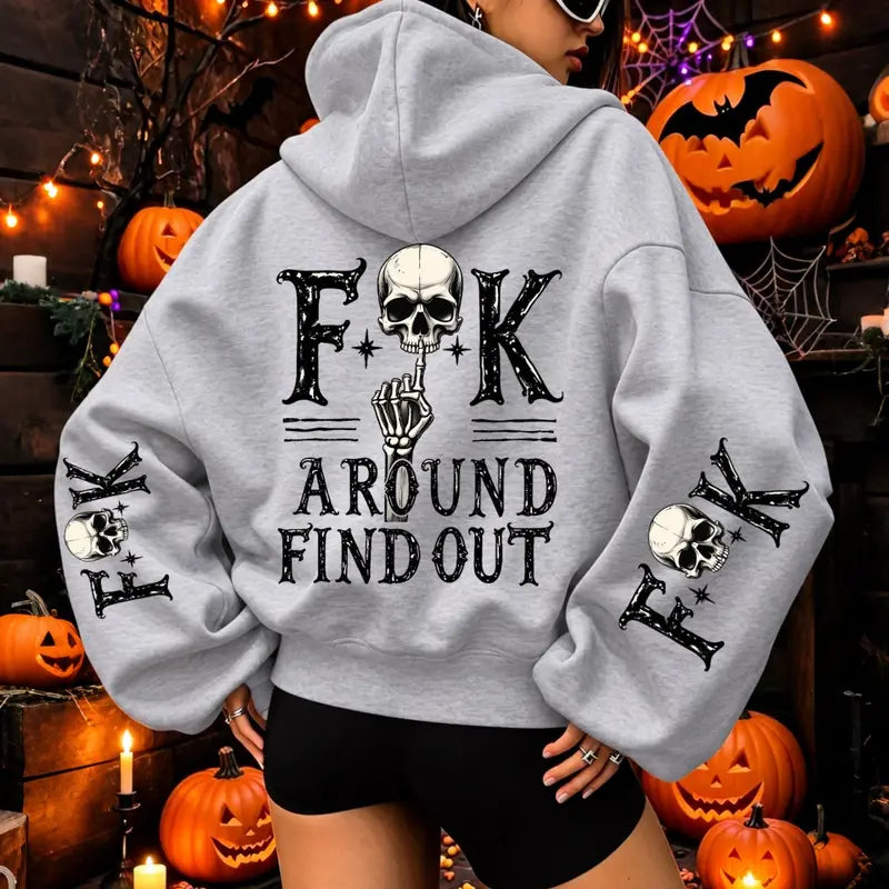 FAFO Fuck Around And Find Out Skull Graphic T-Shirt, Sweatshirt & Hoodie – Gothic Halloween Back & Sleeve Print