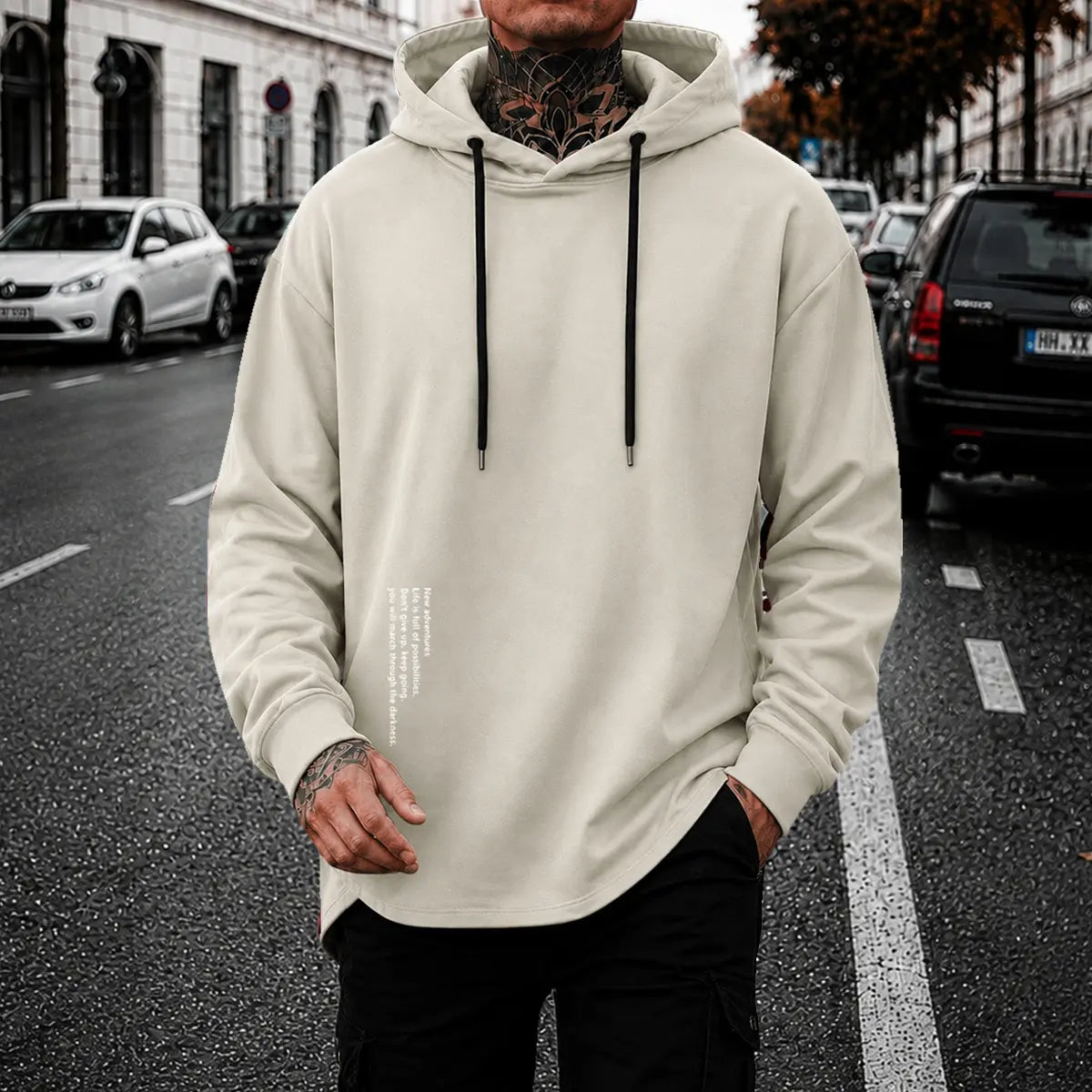 Men’s Minimalist Pullover Hoodie – Casual Letter Graphic Drawstring Sweatshirt, Relaxed Fit Streetwear Top for Everyday Wear