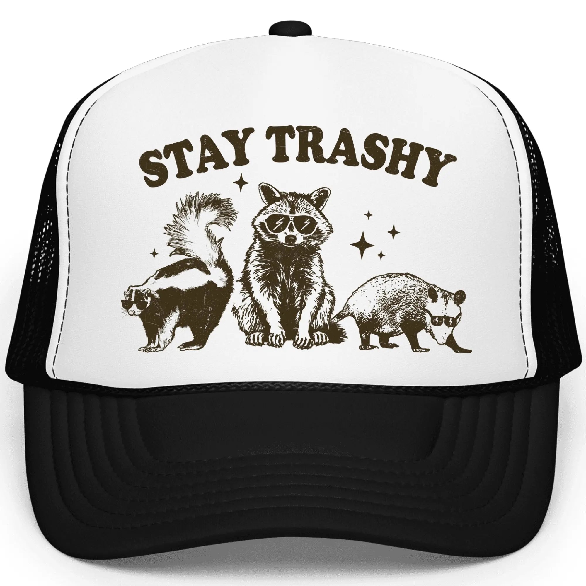 Stay Trashy Foam Trucker Hat – Funny Woodland Animal Graphic Mesh Baseball Cap for Men & Women