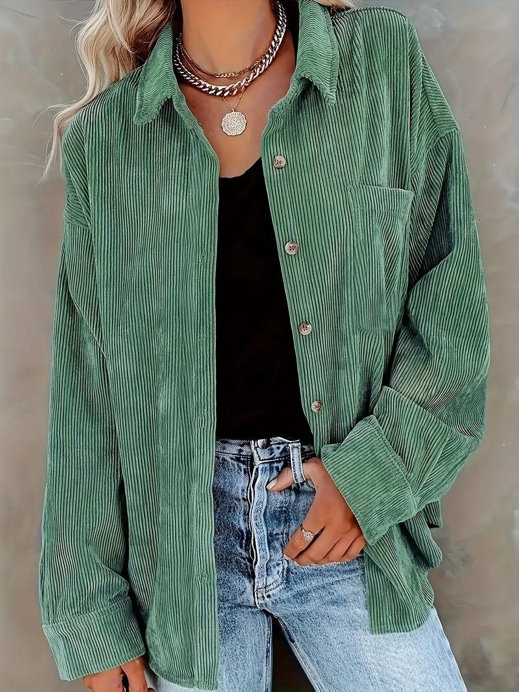Women’s Oversized Corduroy Button-Down Shirt – Casual Long Sleeve Pocket Shacket with Drop Shoulder