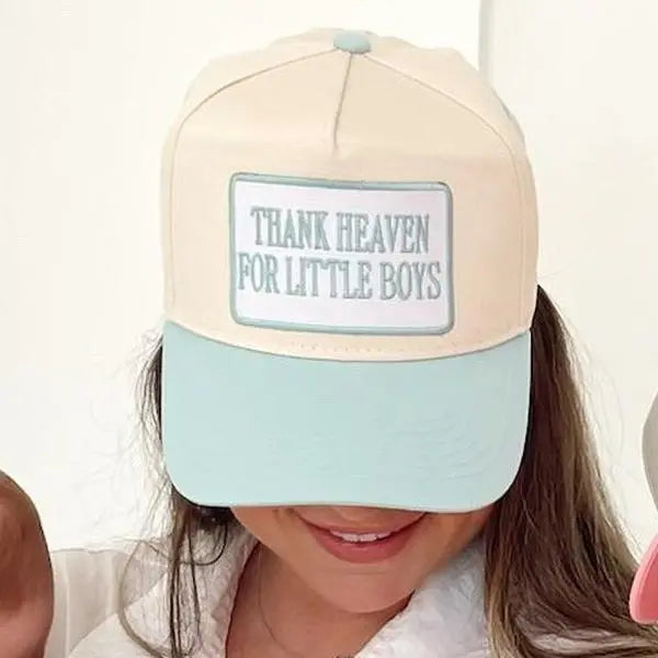 "Thank Heaven for Little Boys" Embroidered Two-Tone Mesh Trucker Hat – Boy Mom Statement Baseball Cap, Mother's Day Gift for Moms