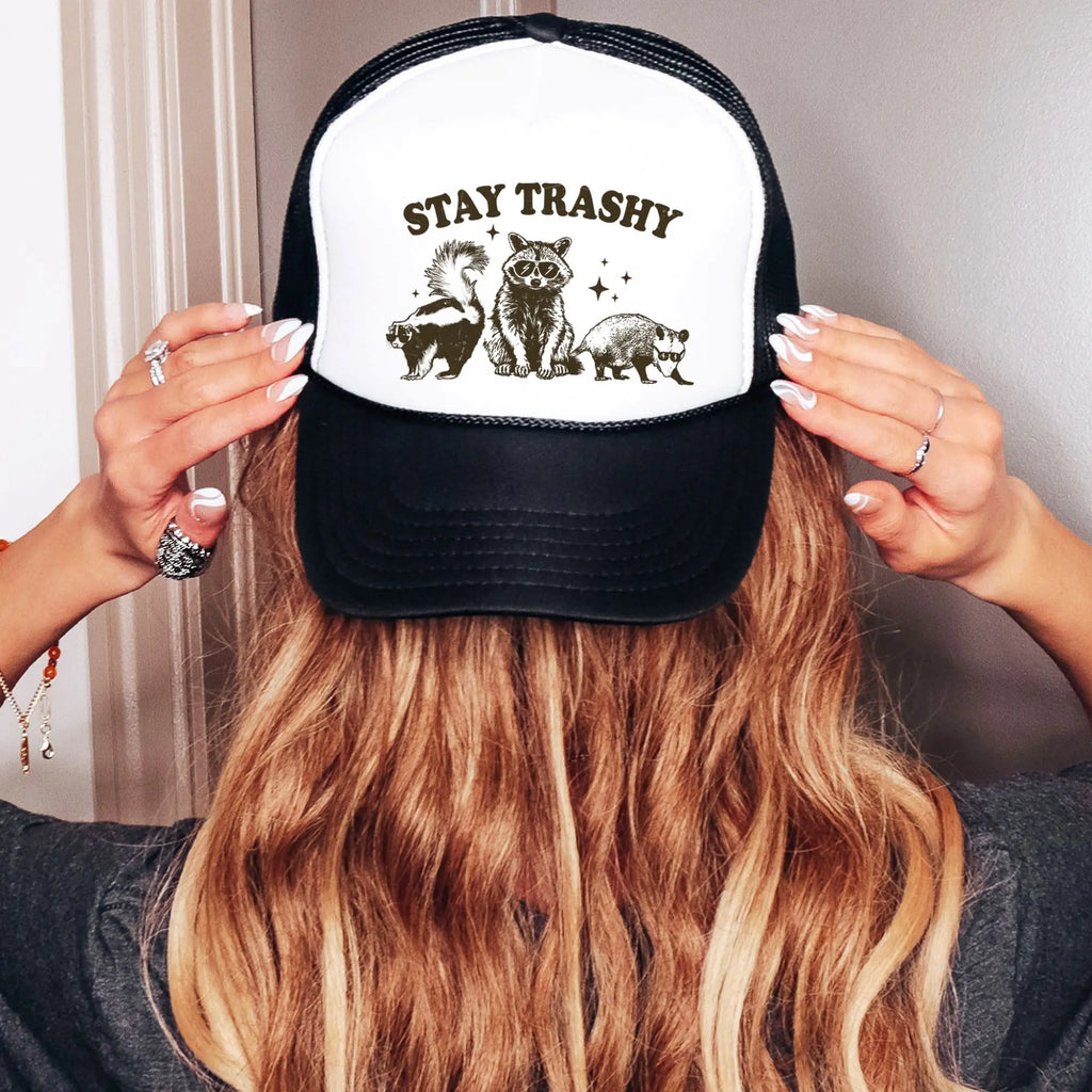 Stay Trashy Foam Trucker Hat – Funny Woodland Animal Graphic Mesh Baseball Cap for Men & Women