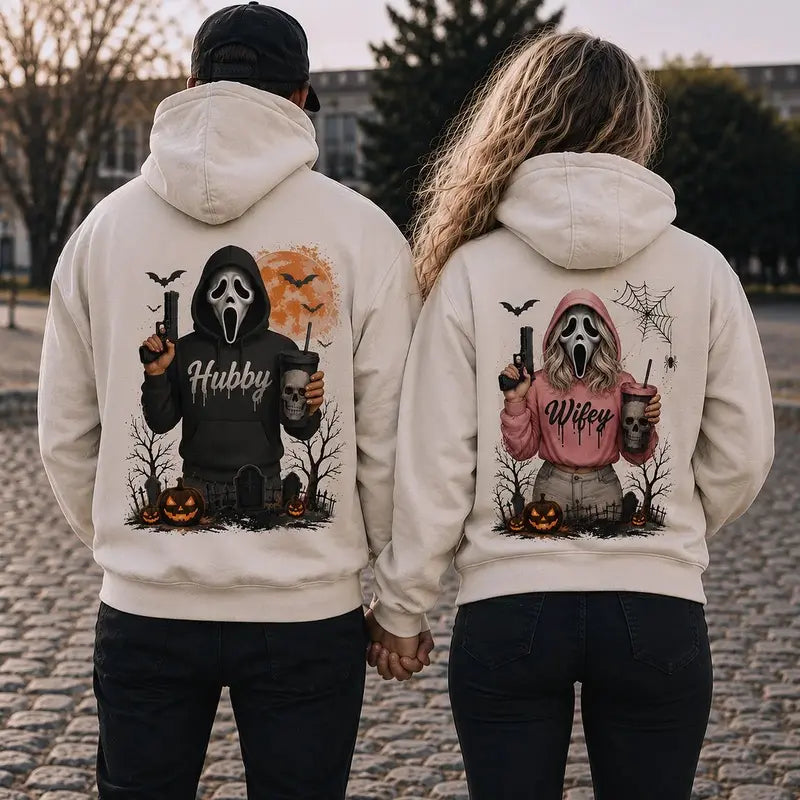 Hubby Wifey Halloween Couple Matching T-Shirt, Sweatshirt & Hoodie – Spooky Horror Matching Graphic Apparel