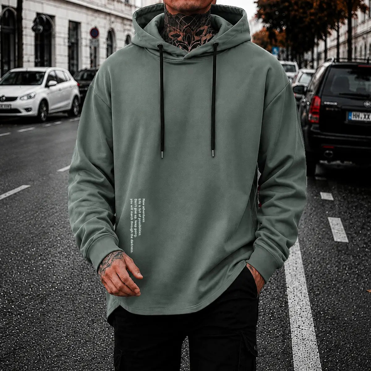 Men’s Minimalist Pullover Hoodie – Casual Letter Graphic Drawstring Sweatshirt, Relaxed Fit Streetwear Top for Everyday Wear