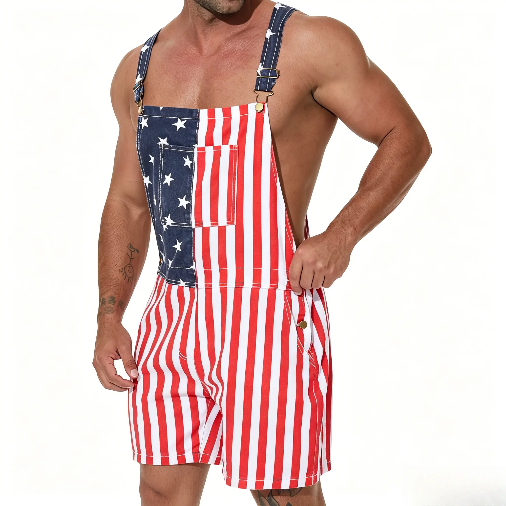Unisex US Flag-Print Cropped Denim Overalls - Patriotic Summer Party Fashion Accessory Set Casual Fit Button Man