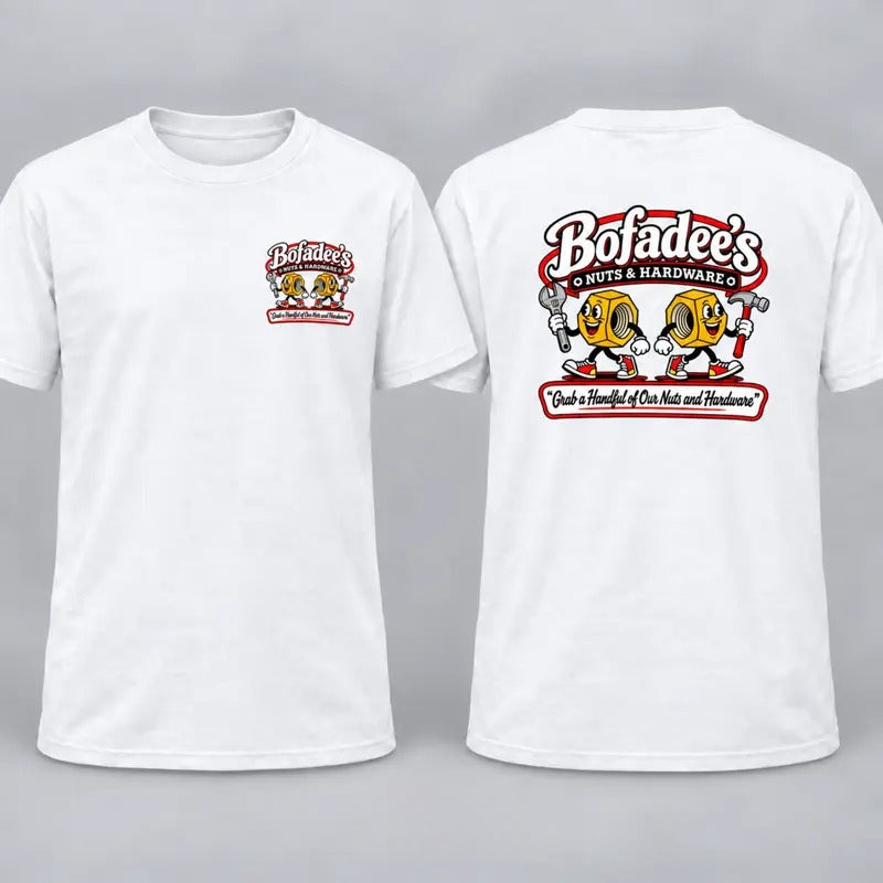 Bofadee’s Nuts & Hardware Double-Sided Graphic T-Shirt, Sweatshirt & Hoodie – Funny Mechanic & Tool Lover Apparel