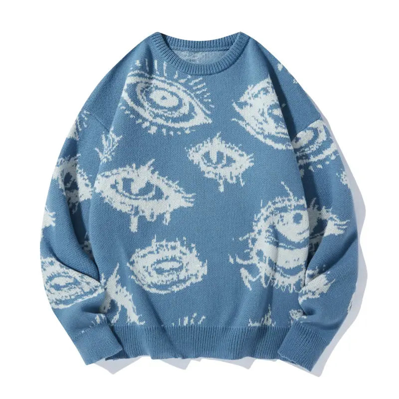 Men’s All-Over Eye Graphic Knit Sweater – Gothic Y2K Crew Neck Pullover, Oversized Streetwear Sweater for Fall & Winter