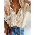 Women's Floral Lace V-Neck Blouse – Sheer Long Sleeve Tie-Front Top, Romantic Boho Casual Style