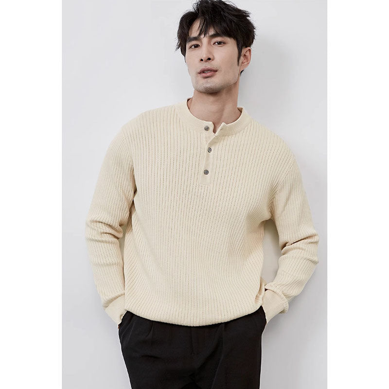 Men’s Ribbed Henley Shirt – Slim Fit Long Sleeve Button Neck Knit Top