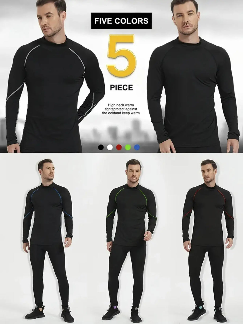 5-Pack Men’s Long Sleeve Compression Shirts – Moisture-Wicking Quick-Dry Athletic Tops, Stretch Workout Base Layers for Gym, Running & Training