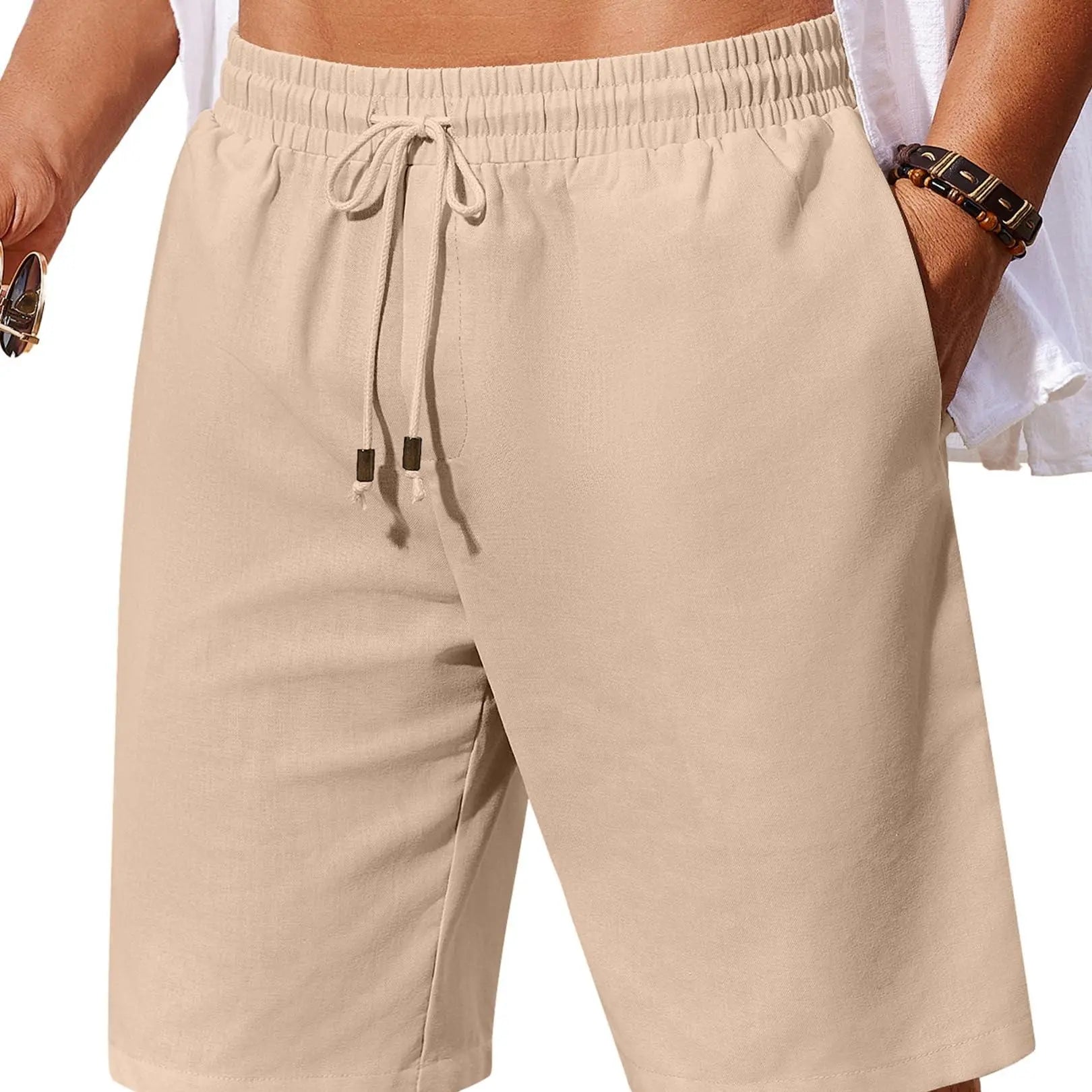 Men's Linen Blend Shorts – Relaxed Fit Drawstring Beach Shorts with Pockets for Summer Vacation & Resort Wear