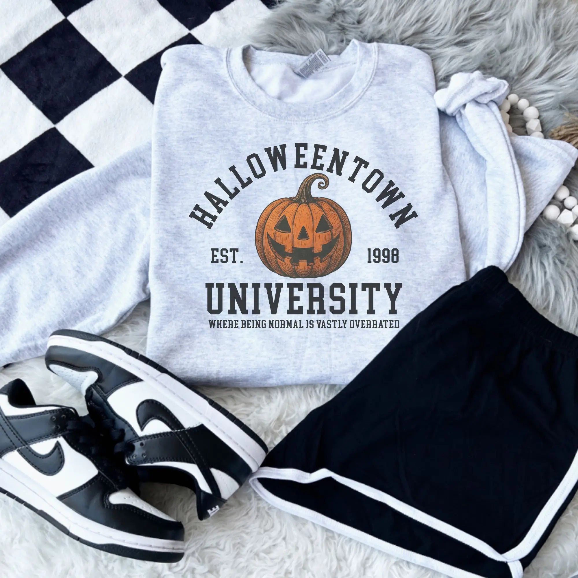 Halloween Town University Pumpkin Sweatshirt – Vintage Collegiate Graphic Crewneck, Spooky Season Fall Pullover for Halloween Lovers