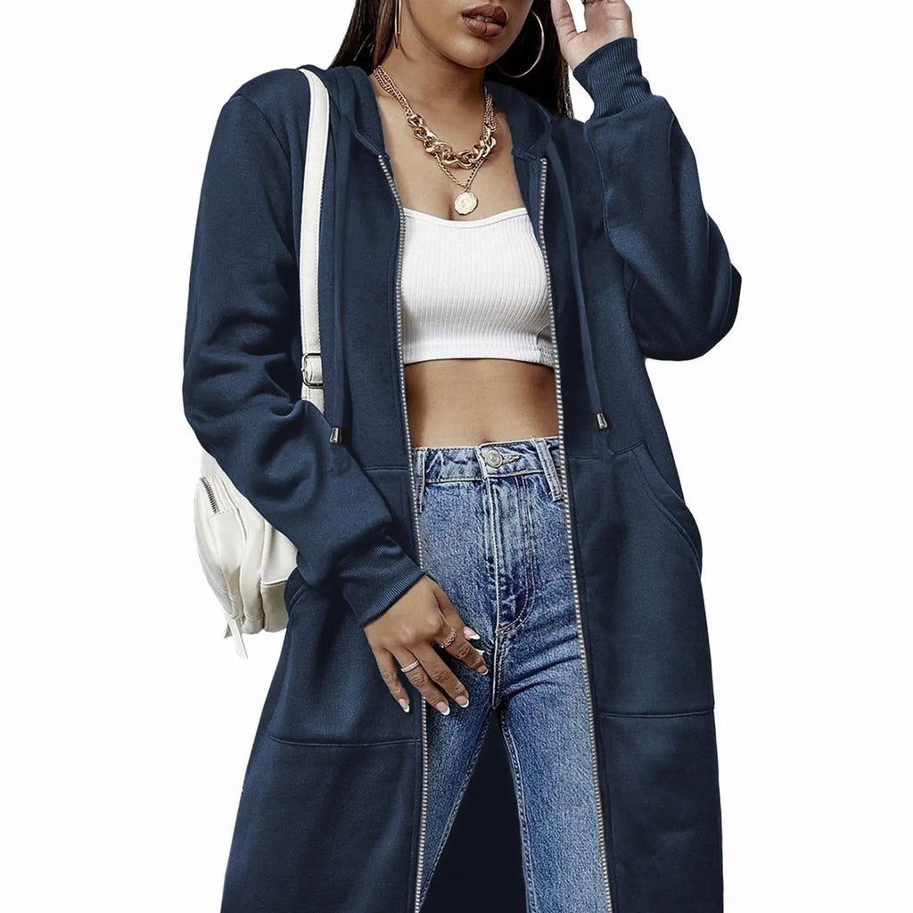 Women's Long Zip Up Hoodie Jacket – Casual Hooded Sweatshirt Coat, Longline Streetwear Outerwear for Fall & Everyday Wear