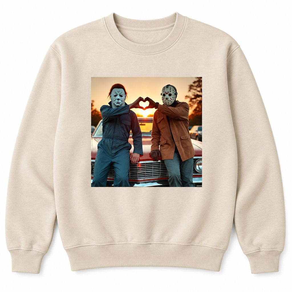 Michael Myers & Jason Heart Hands Graphic T-Shirt, Sweatshirt & Hoodie – Funny Halloween Horror Movie Shirt
