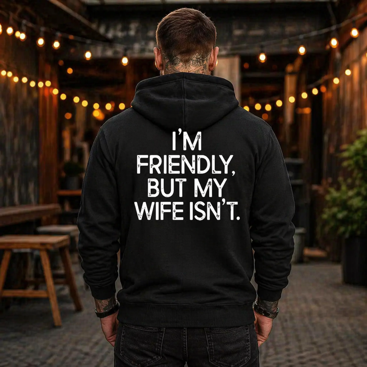 “I’m Friendly, But My Wife Isn’t” Funny T-Shirt/Sweatshirt/Hoodie – Warning Humor Graphic Tee