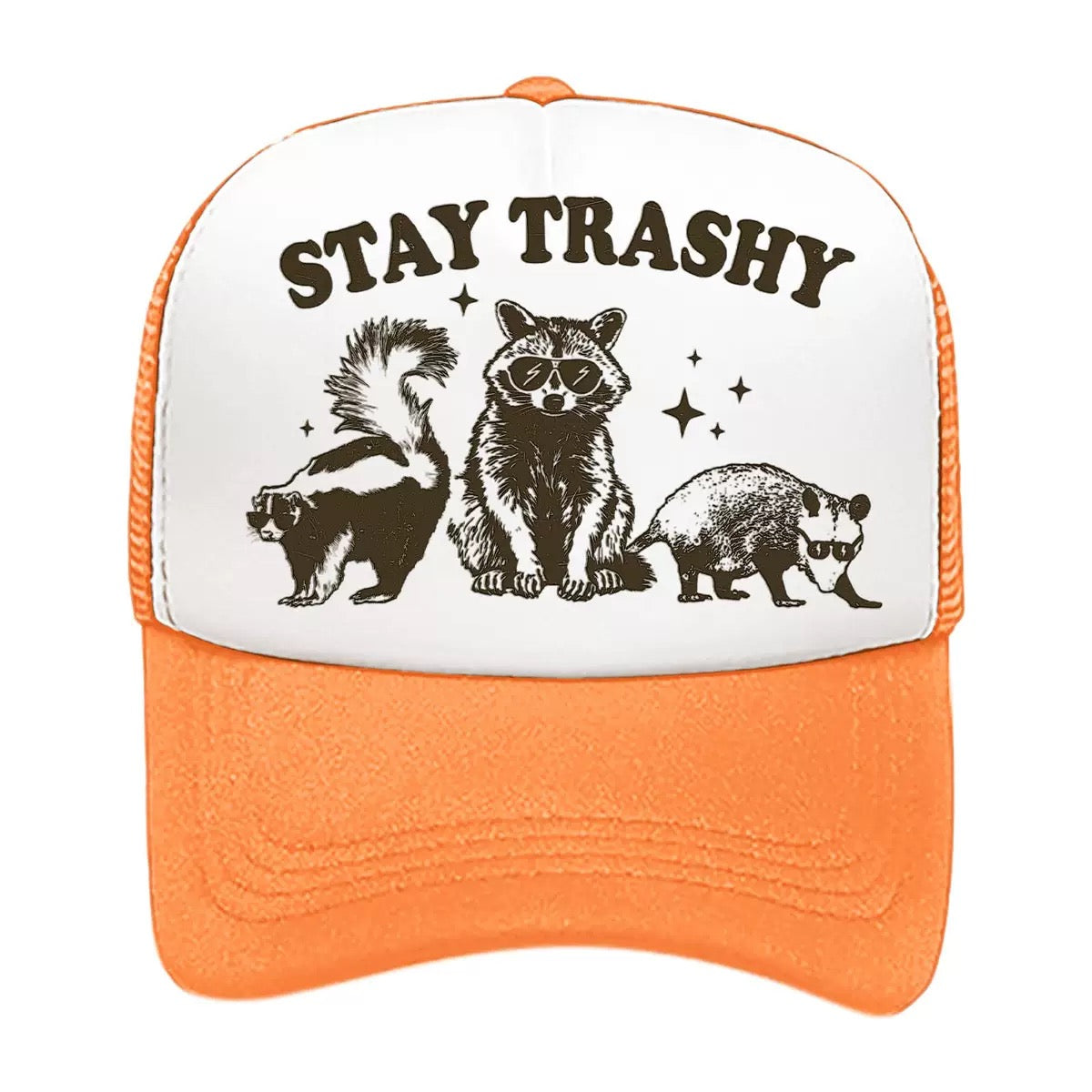 Stay Trashy Foam Trucker Hat – Funny Woodland Animal Graphic Mesh Baseball Cap for Men & Women