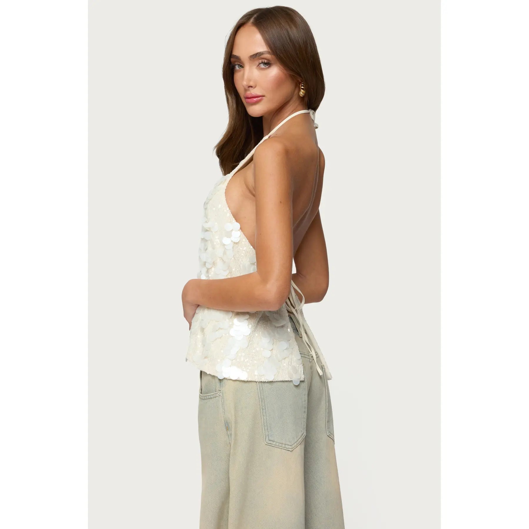 Women's Sequin Halter Top – Backless Sleeveless Party Tank, Elegant Summer Going Out Blouse