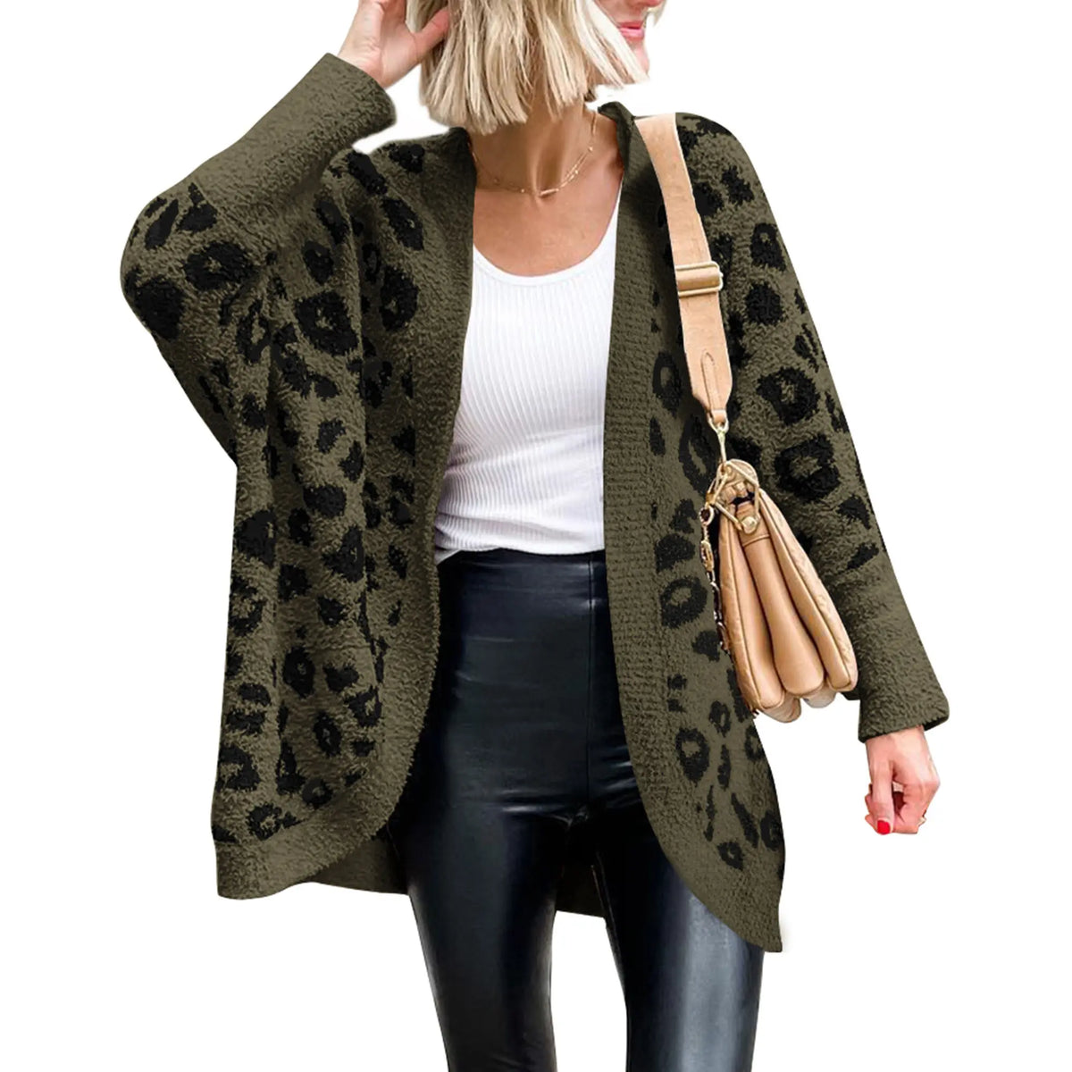 Leopard Print Fuzzy Knit Cardigan – Cozy Open Front Oversized Sweater, Casual Fall & Winter Layering