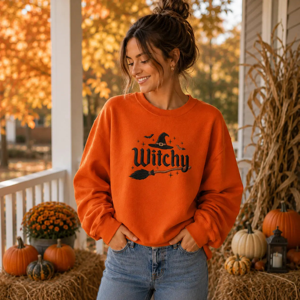 Witchy Halloween Embroidered Sweatshirt & Hoodie, T-Shirt – Witch Hat, Broomstick & Bats Spooky Season Apparel