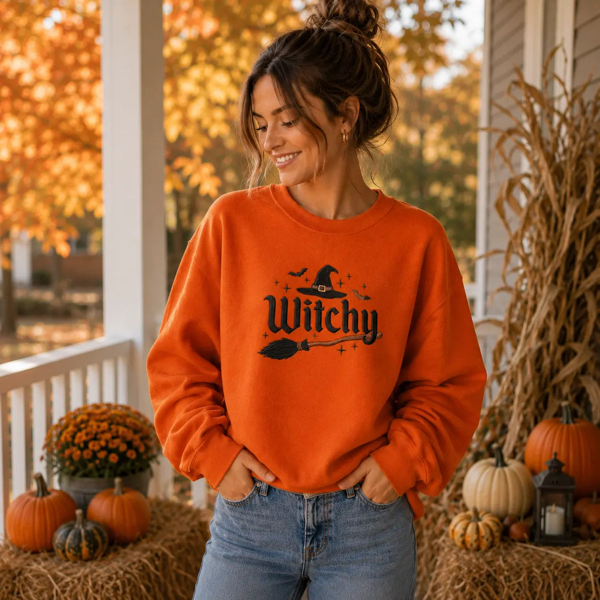 Witchy Halloween Embroidered Sweatshirt & Hoodie, T-Shirt – Witch Hat, Broomstick & Bats Spooky Season Apparel