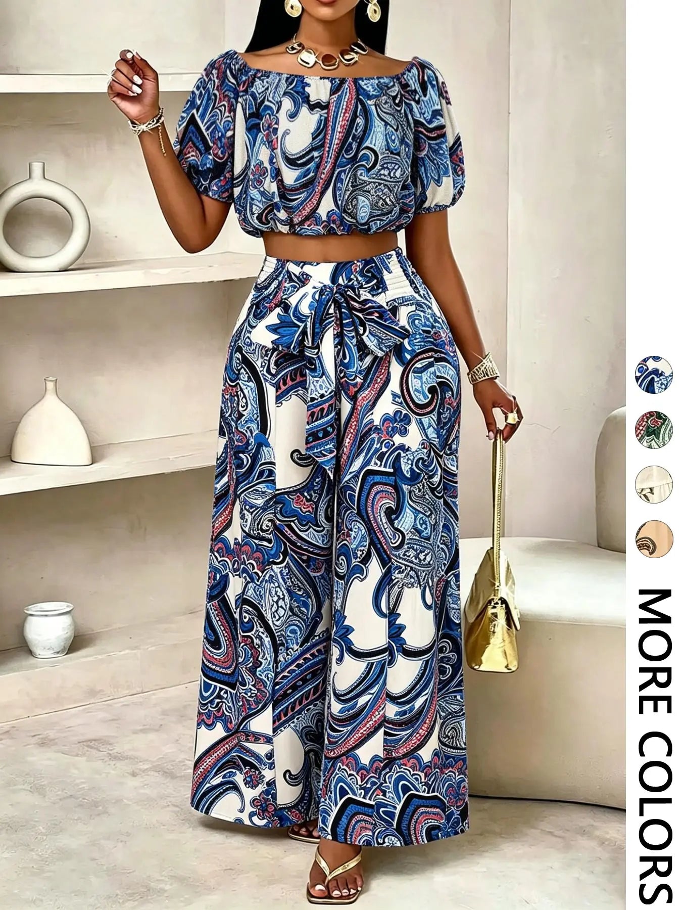 Women's Paisley Print Boho Two Piece Set – Off Shoulder Bubble Sleeve Top & High Waist Wide Leg Pants, Vacation Resort Outfit