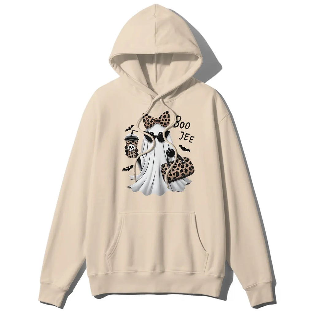 Boo-Jee Ghost Graphic T-Shirt, Sweatshirt & Hoodie – Leopard Print Halloween Ghost Design, Funny Fall Streetwear Apparel