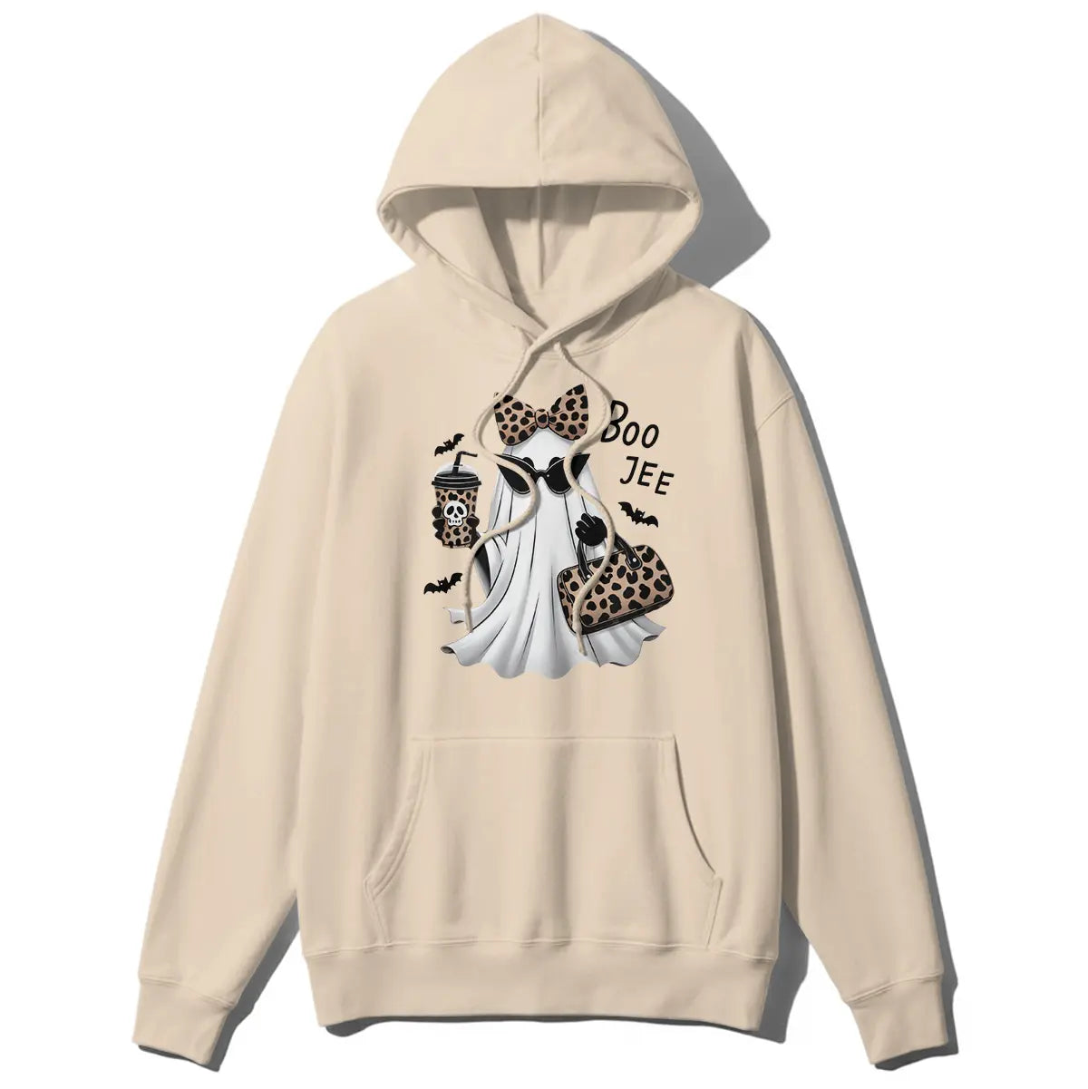 Boo-Jee Ghost Graphic T-Shirt, Sweatshirt & Hoodie – Leopard Print Halloween Ghost Design, Funny Fall Streetwear Apparel