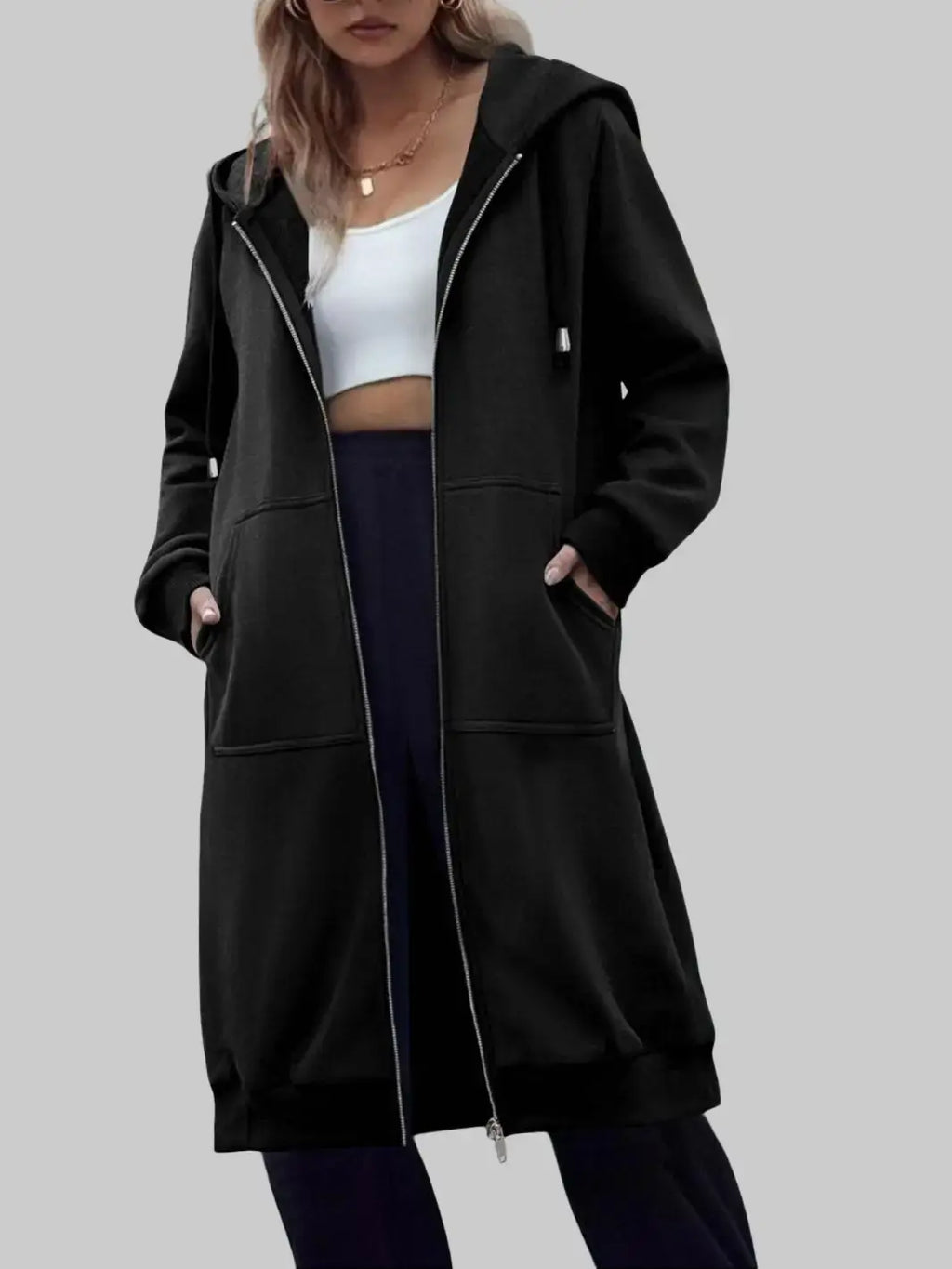 Women's Long Zip Up Hoodie Jacket – Casual Hooded Sweatshirt Coat, Longline Streetwear Outerwear for Fall & Everyday Wear