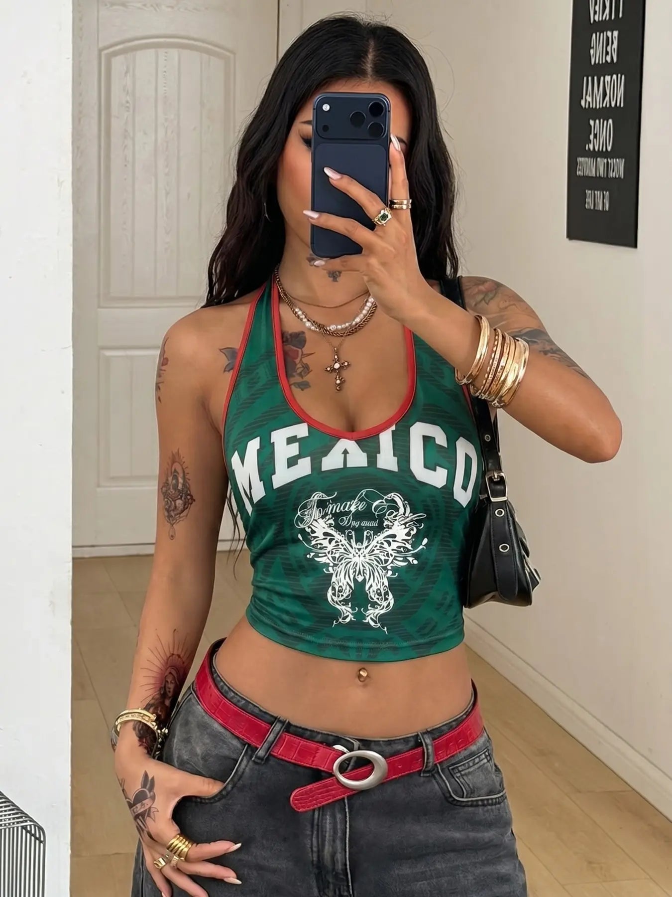 Mexico Butterfly Halter Crop Top – Y2K Mexican Pride Graphic Tank, Retro Slim Fit Summer Streetwear