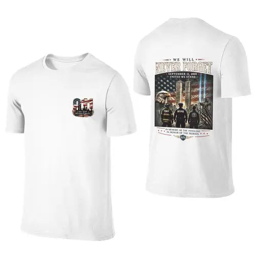 9/11 Never Forget Memorial Graphic T-Shirt, Sweatshirt & Hoodie – September 11 Twin Towers, American Flag & First Responder Tribute Print